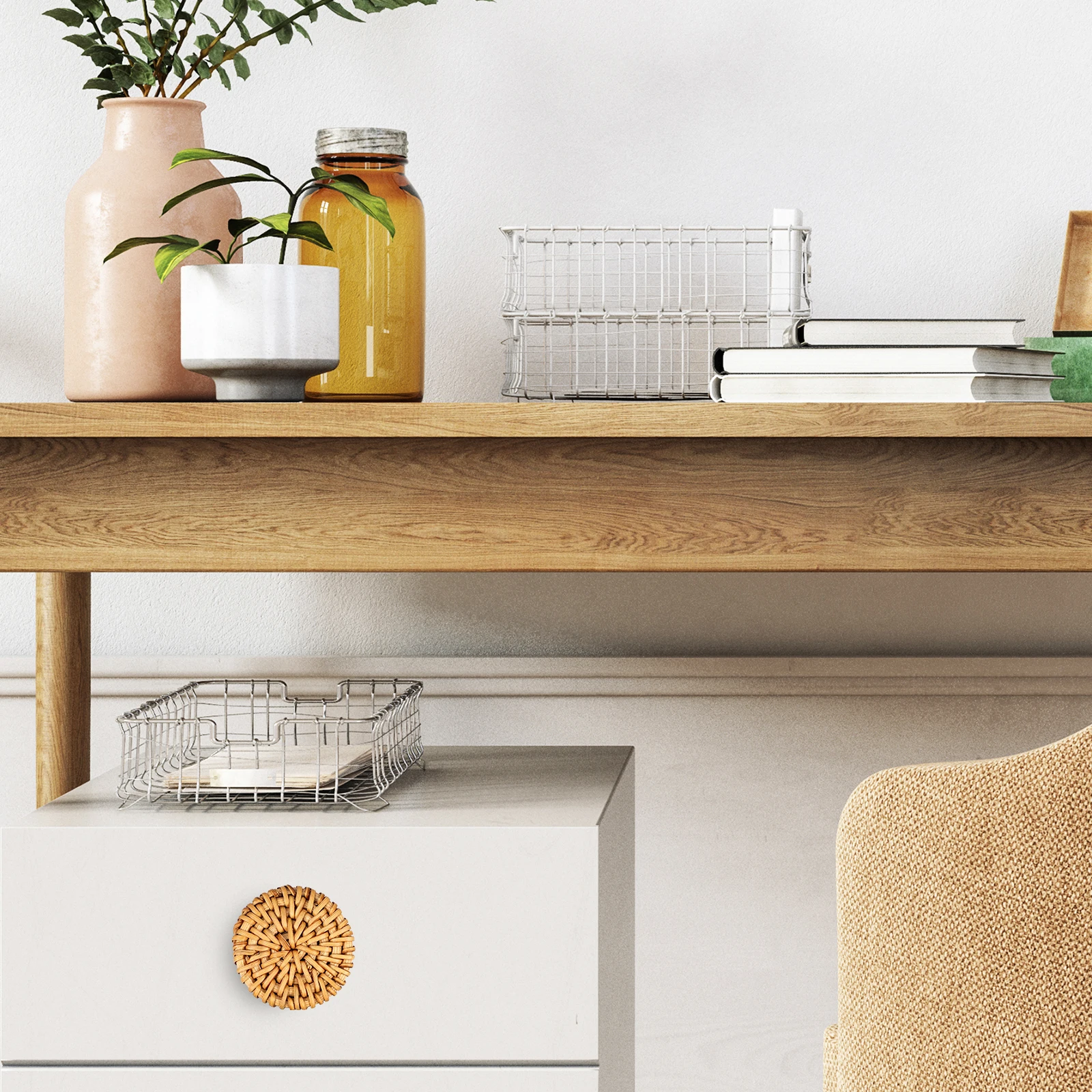 

1Set Rattan Furniture Knobs Woven Round Rustic Bohemian Style Cabinet Drawer Pulls Dresser Knobs Screws Screwdriver Included