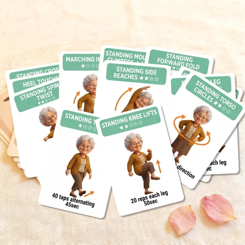 18Pcs Illustrated Step Move Guide Senior Standing Exercise Flashcards Paper Fitness Sheets Low-Impact Gentle Stretch Cards