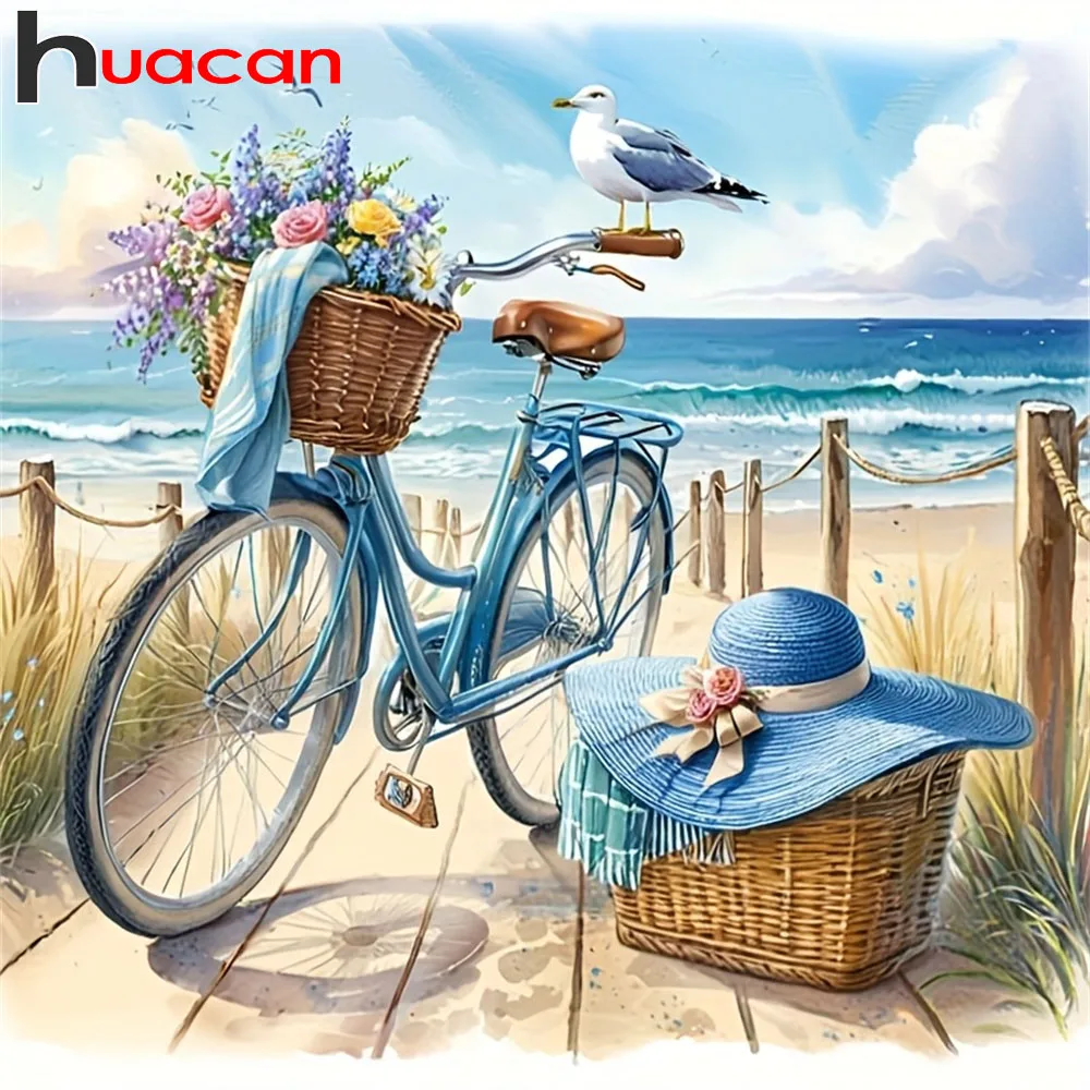 Huacan 5D DIY Diamantmalerei Strand Fahrrad Möwe Diamantstickerei Landschaft Neu 2026 Wanddekoration