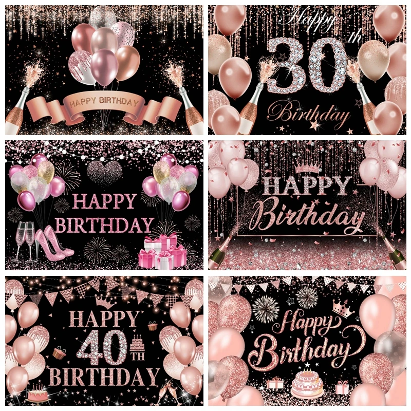 Glitter Pink Happy Birthday Backdrop Photography Adult Women Celebrate Party Decor Background Photo Photographic Customizable