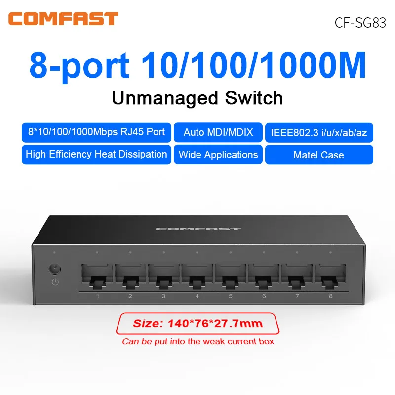 

8 Port 10/100/1000Mbps gigabit Ethernet Switch IEEE 802.3i/u/ab/x/az plug and play Full-Duplex + Half-Duplex small size switch