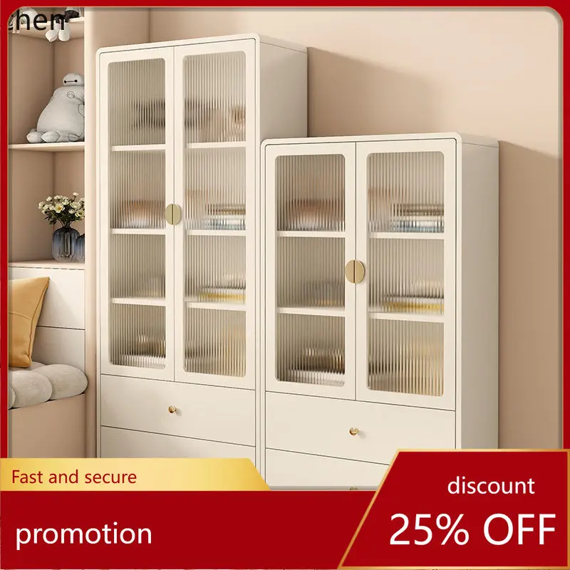 HT Solid Wood Bookcase Dustproof Glass Door Cream Style Bookshelf Floor-standing Combination Cabinet Student Storage Cabinet