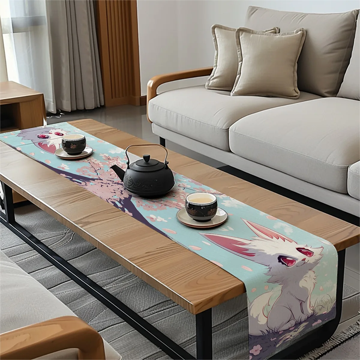 decorations table runner Sakura Blossom & White Fox Whimsical Style Charming Pattern Print Table Flag Kitchen Dining Gift,Holida
