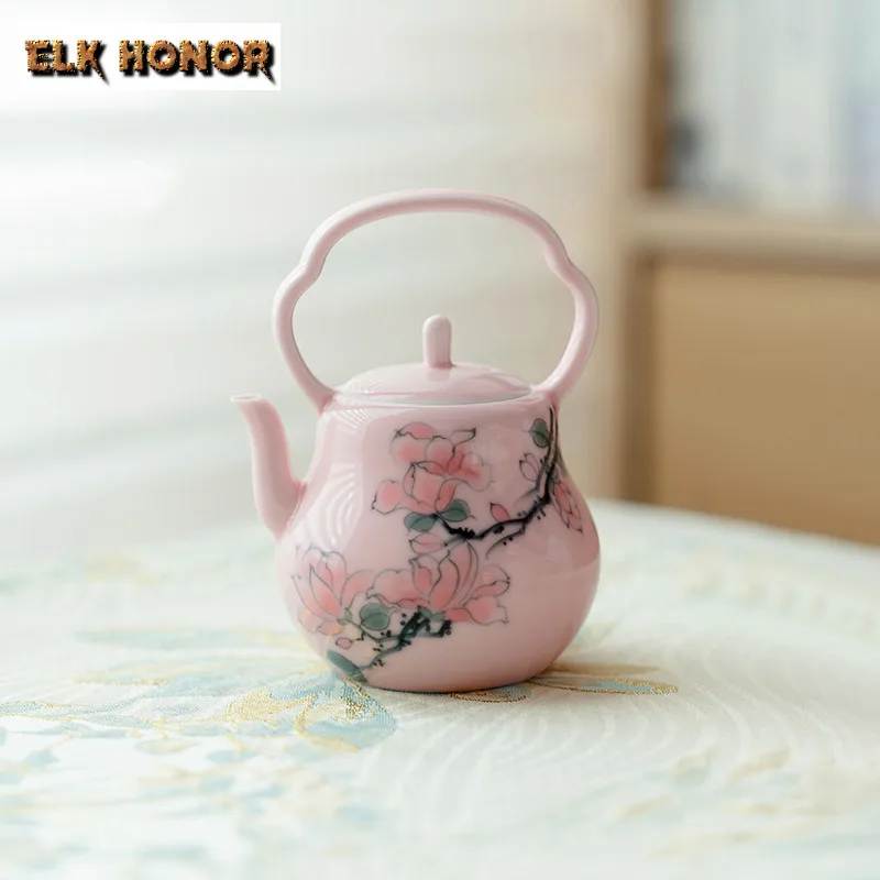 

150ml Pure Hand-painted Peach Blossom Teapot Luxury Pink Gourd Lifting Handle Pot Tea Brewing Kettle Women Tea Ceremony Ornament