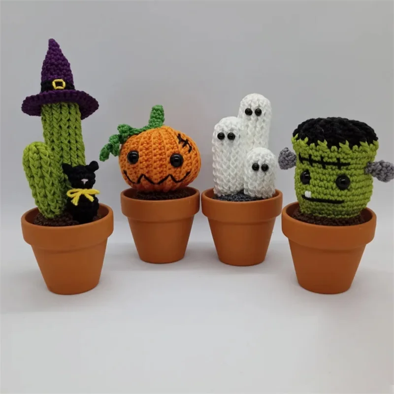 Mini Cute Crochet Finished Handmade Cactus Ghost pumpkin Potted Plants Handmade Bouquets Home Desktop Decorations