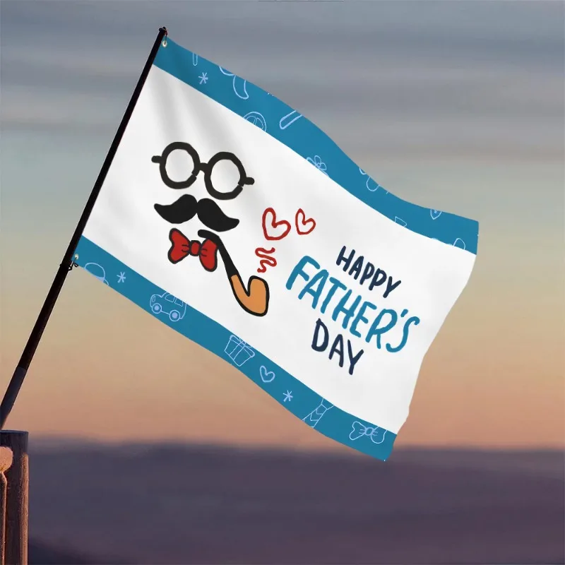 Happy Father's Day Flag Cartoon Dad Pipe Mustache Glasses Banner Outdoor Decoration Accent