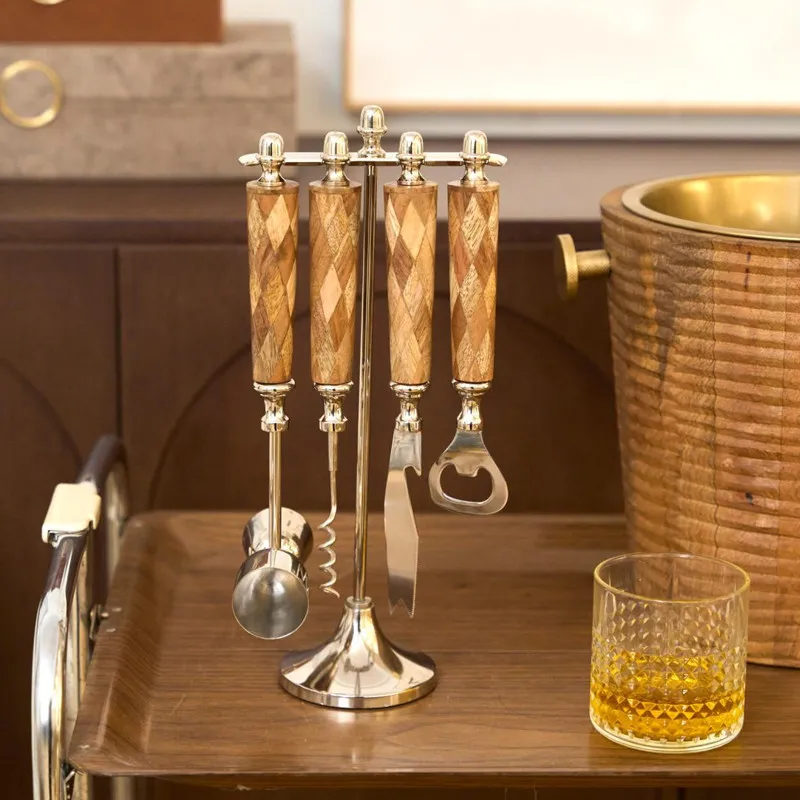 Indian ornament brown rhombus wood handle bottle opener four-piece set, model room bar restaurant wine barrel