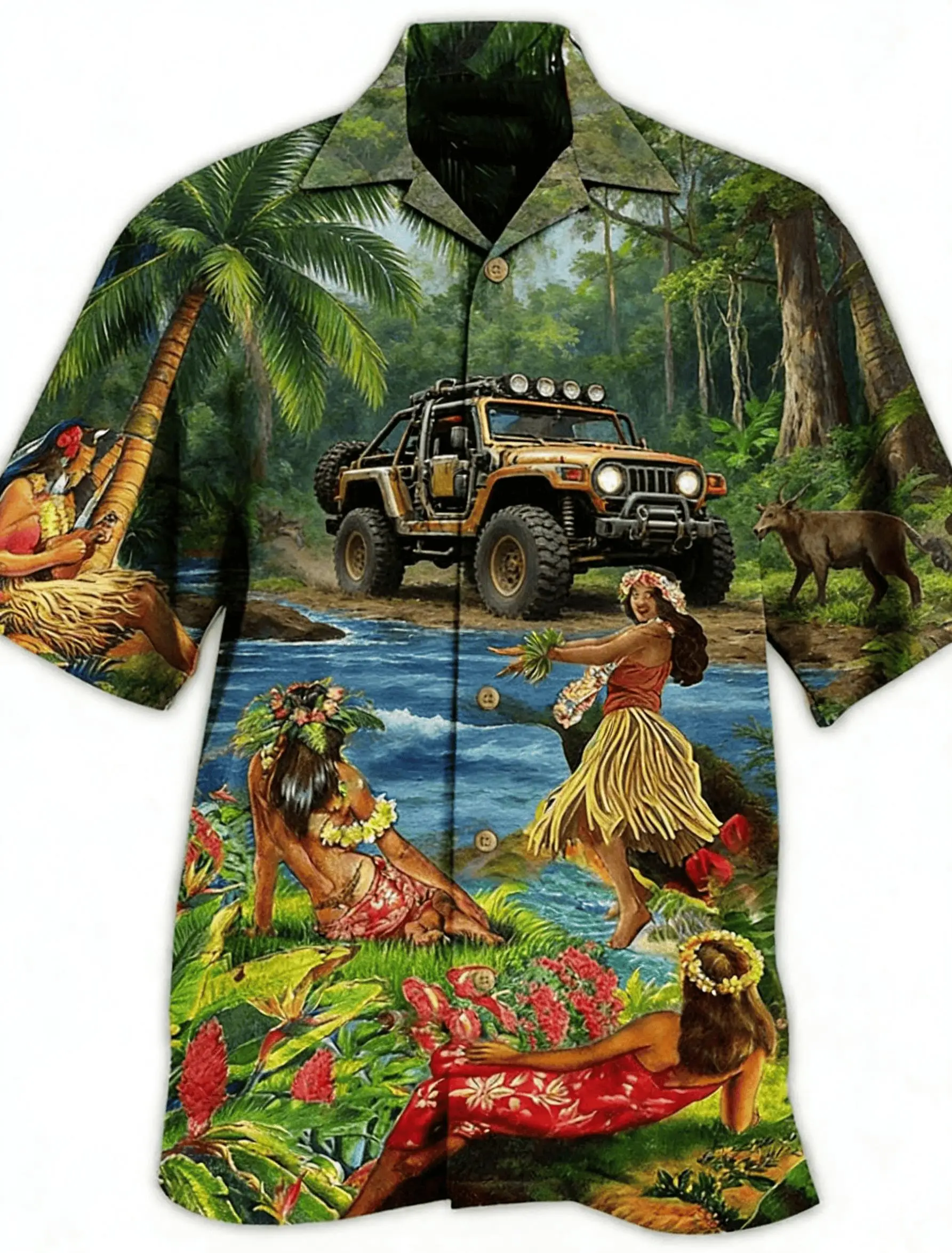 Hawaiian Hula Dancer Jungle Off-road Car Tropical River Pattern Unisex Short Sleeve Blouse Camp Collar Loose Vacation Shirt
