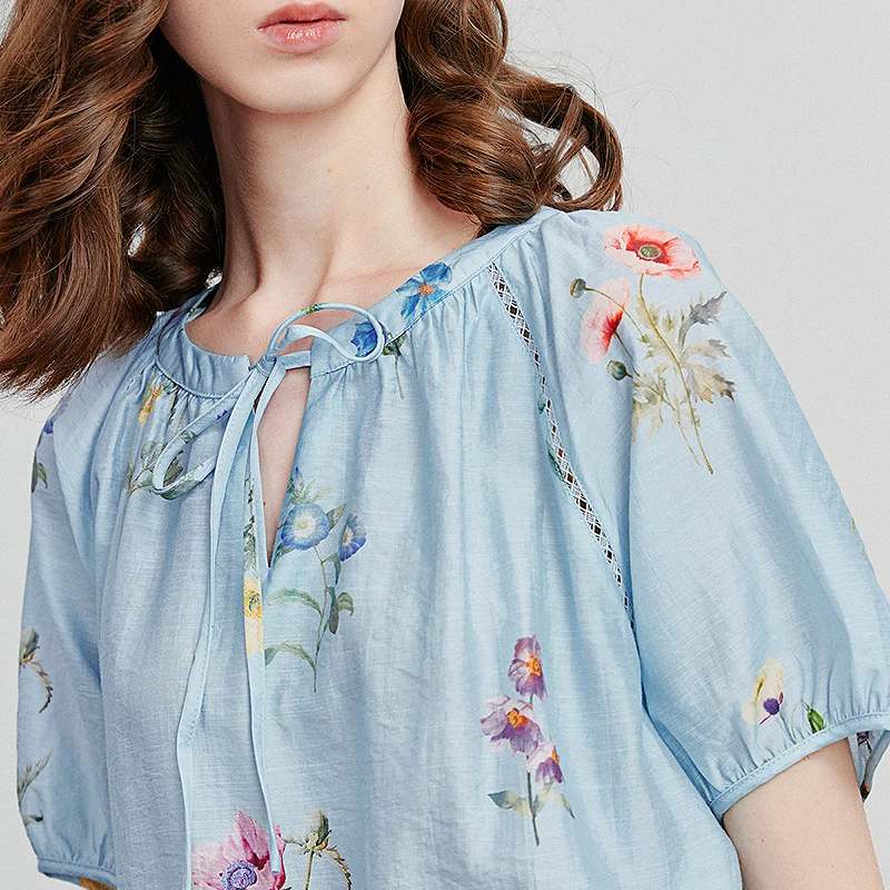 TOYOUTH بلوزة نسائية قميص 2025 صيف جديد أخضر مخملي رقبة مستديرة الأزهار المطبوعة عطلة قميص غير رسمي 8522046