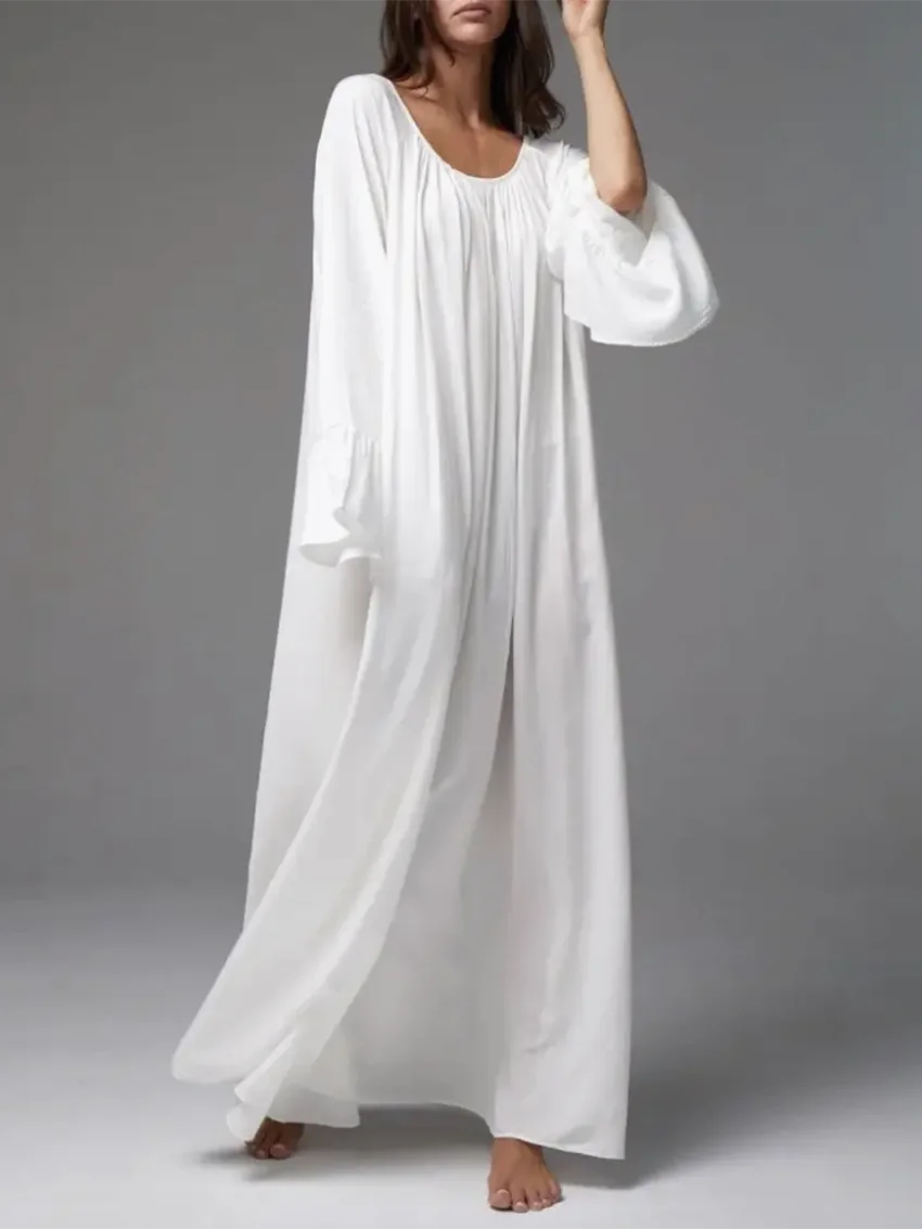 

Long Sleeve Floor-Length Dresses Simple Oversize Solid Female Dress Parc Fee Casual Loose White Women Dress 2026 Elegant U-Neck