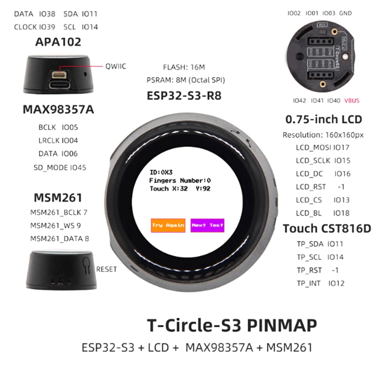 

T-Circle-S3 AI Xiao- ESP32-S3 0.75-Inch 4SPI TFT LCD with I2S 3W Class D Amplifier Microphone Wi-Fi Bluetooth