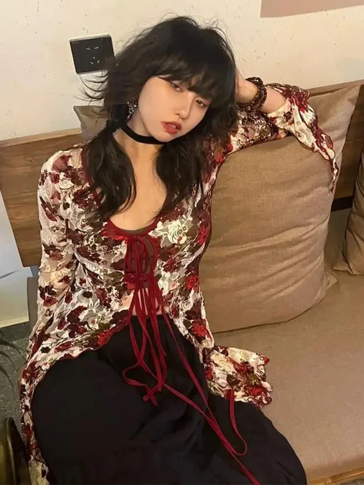 

Ретро готический фрак с цветочным разрезом, рубашка с завязками на молнии, солнцезащитная кружевная рубашка, кардиган, Blusas Mujer, весенне-летняя блузка