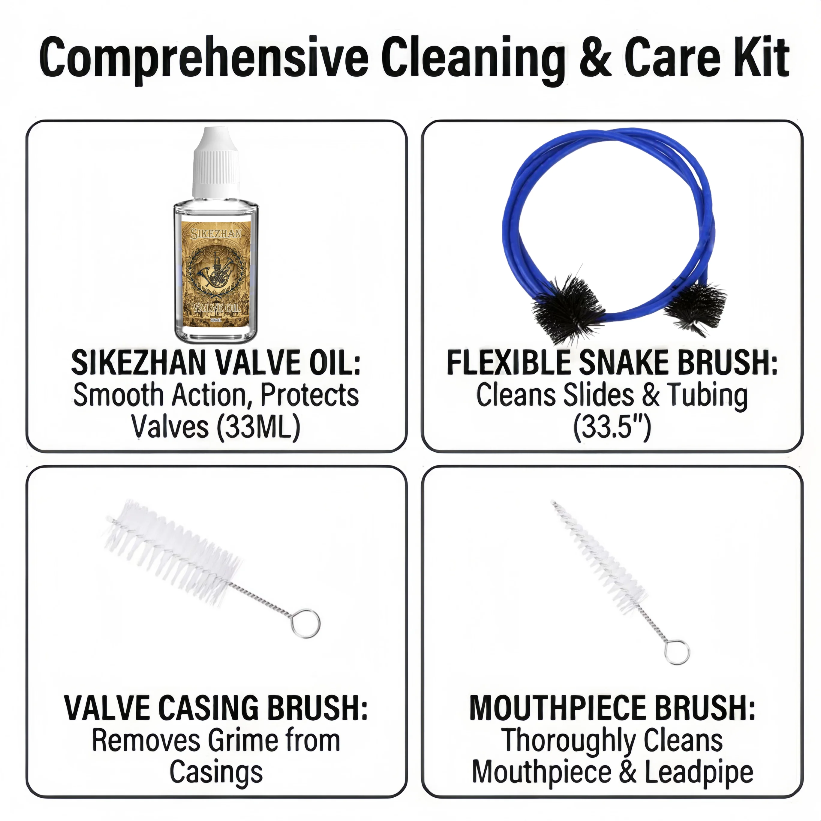 Brass Instrument Cleaning Kit: Valve Oil, Flexible Snake Brush, Mouthpiece Brushes. Maintenance Set for Trumpet Trombone Horn