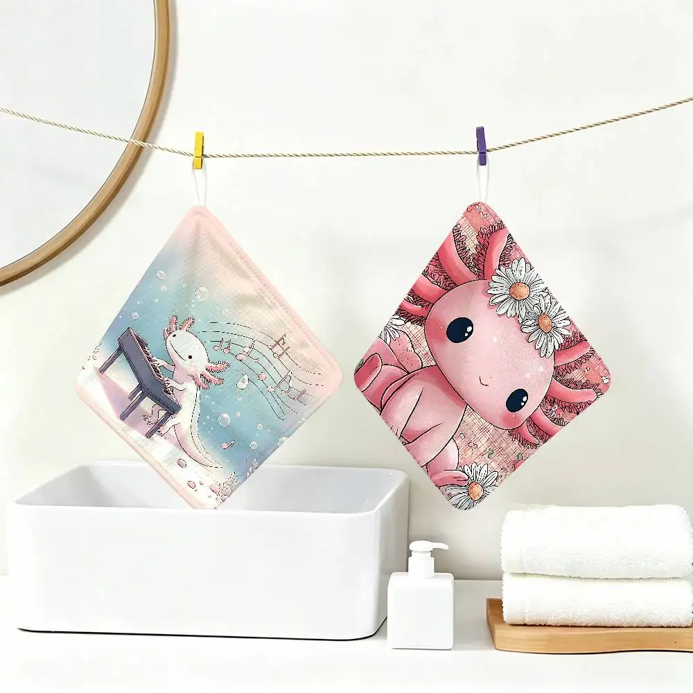 Cute Axolotl Printed Polyester Cotton Daily Towel, Hanging Kitchen Hand Wiping Cloth, Durable for Whole House Use