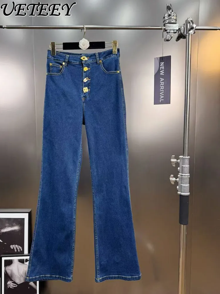 

2025 Autumn Vintage Button Decorated Elastic High Waist Jeans Women Versatile Slim Fit Blue Straight Denim Pants Female Bottoms