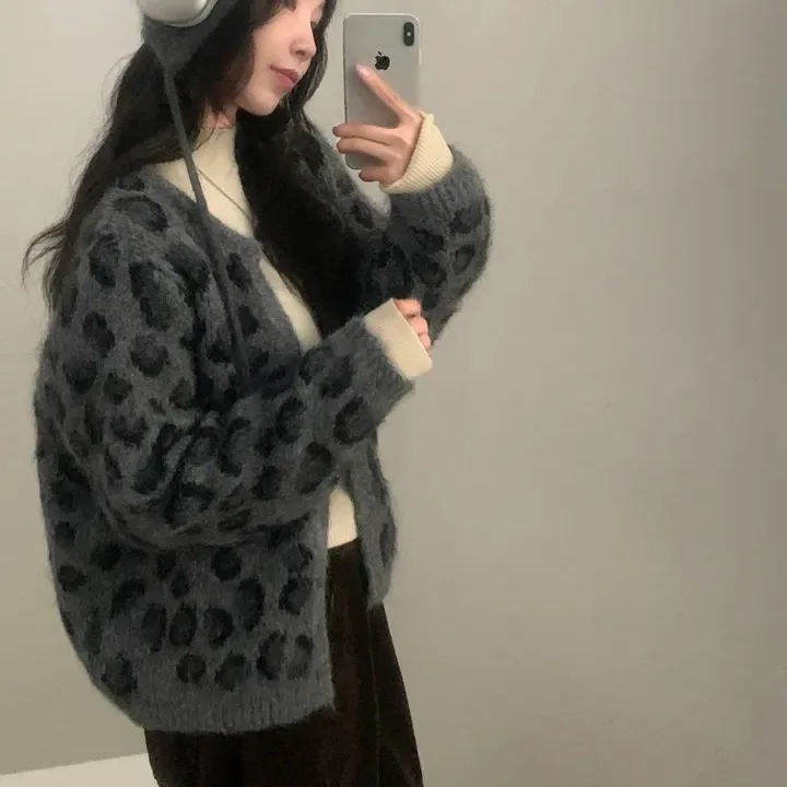 

Женский шикарный свободный длинный вязаный свитер Све, пальто с леопардовым принтом, ленивый слэ, осень-зима, высококачественная корейская версия, Ou...