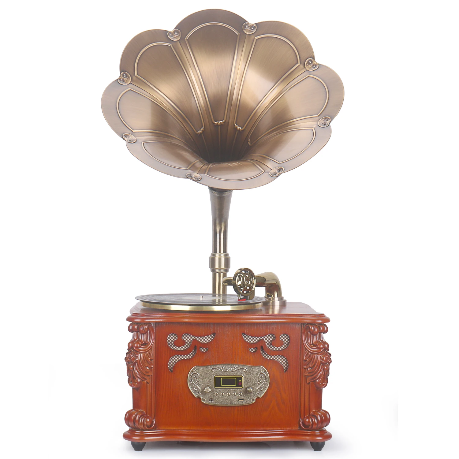 

Retro Wooden Horn Gramophone Turntable with 33/45 RPM Vinyl Playback & Bluetooth Speakers