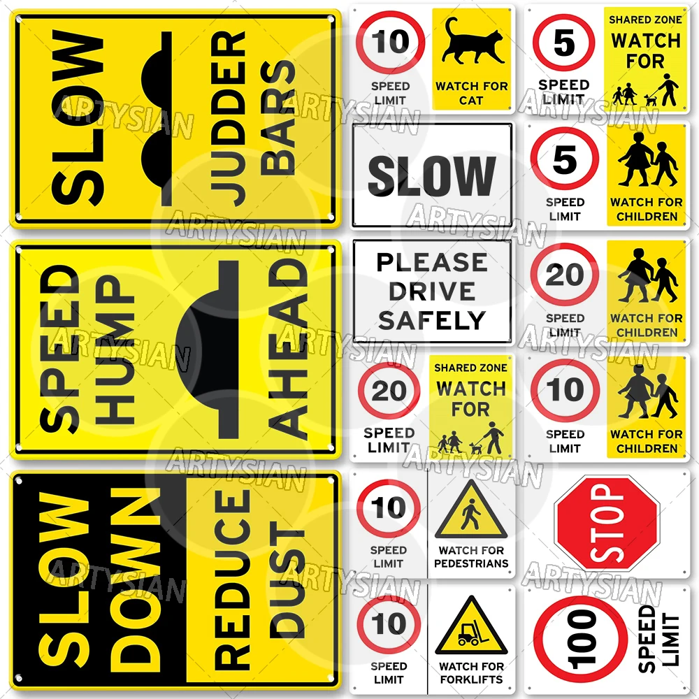 Traffic Warning Metal Plaque Speed Limit Metal Sign Slow Down Dust Control Hidden Driveway Watch for Children Judder Bars Poster