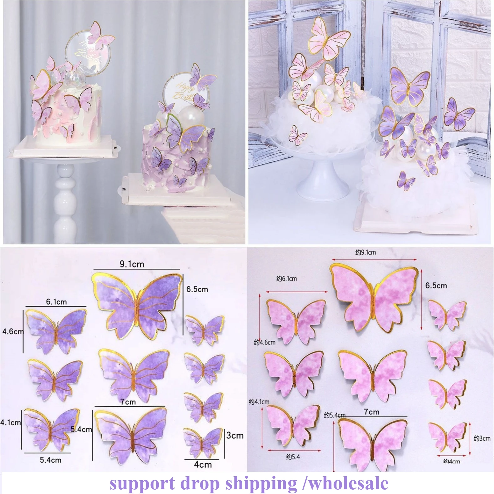 10Pcs Multi-size 3D Folding Gold Edge Paper Butterfly Decoration for Cake Greeting Cards DIY Cake Topper Wedding Birthday Party