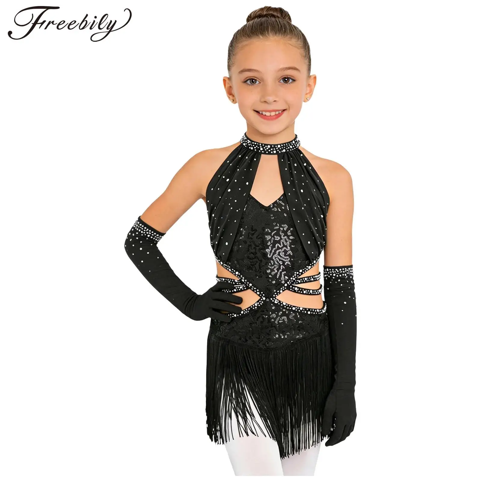 Kids Girls Tassel Latin Dance Dress Ruched Mesh Cutout Strappy Waist Sequin Leotard with Gloves Ballroom Tango Salsa Dancewear