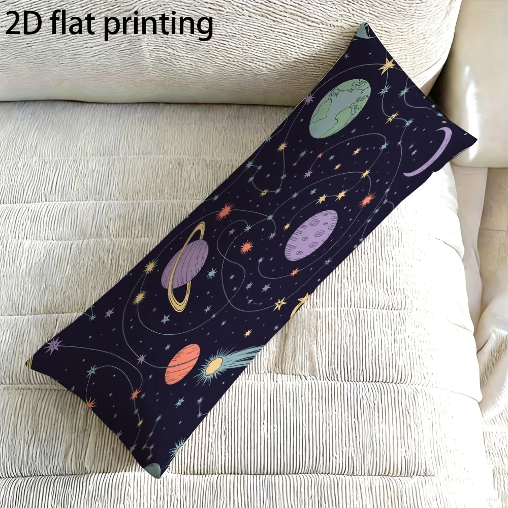 2D Flat - Long Pillowcase, 2D Printed Design, Cartoon Pattern of Starry Sky And Planets, Full-Body Support Pillow Cover, Durable