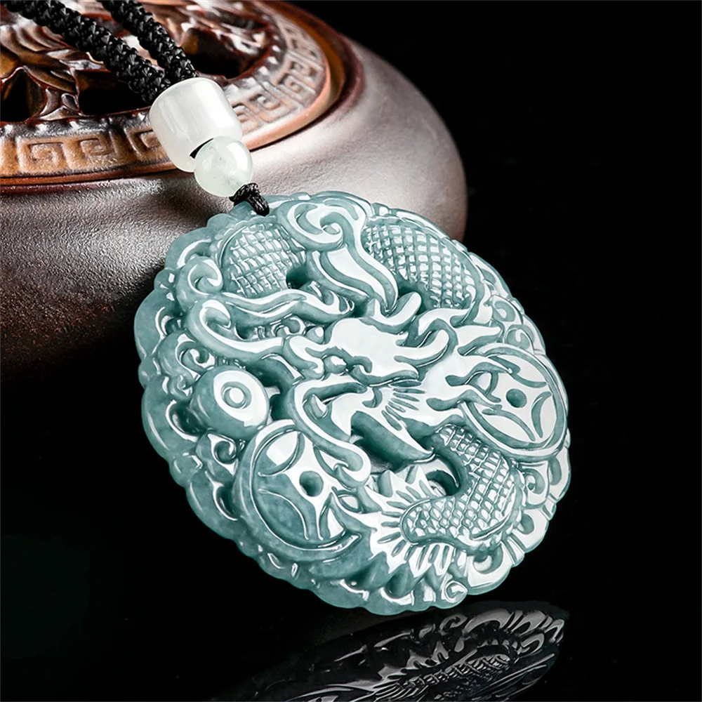 

Natural Ice Green Jadeite Carved Chinese Coin Dragon Lucky Pendant Amulet Necklace Certificate Luxury Jade Vintage Gift Jewelry