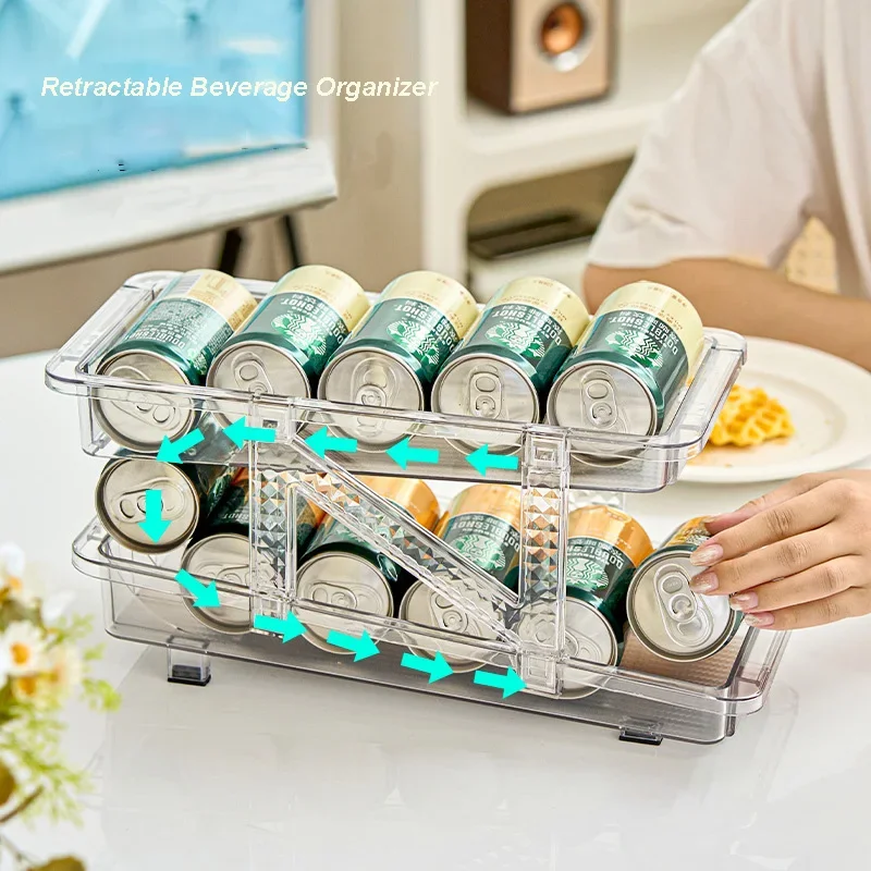 

Fridge Beverage Rack Retractable Beer Soda Cans Organizer Double Layers Can Shelf Retractable Beverage Bottle Holder Dispenser