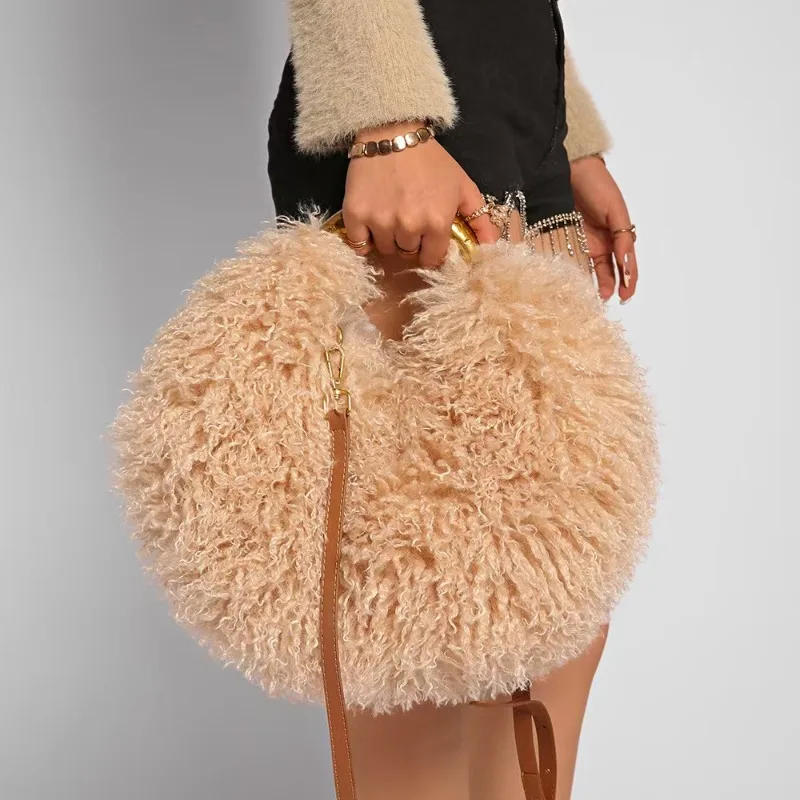 

Ladies Faux Furs Handbag Women's Fashion Long Fur Wool Bag beach Faux Wool Fur Shoulder Bag Luxury Mongolian Sheep Fur Bags