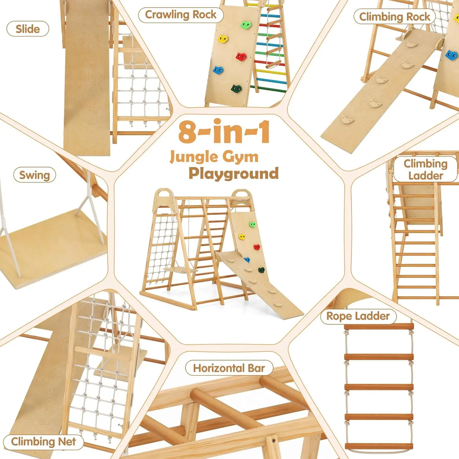 Ginásio interno da selva, escalada interna do playground das crianças 8 em 1 para crianças com rede de balanço deslizante barras de macaco escada de corda, escalada de madeira