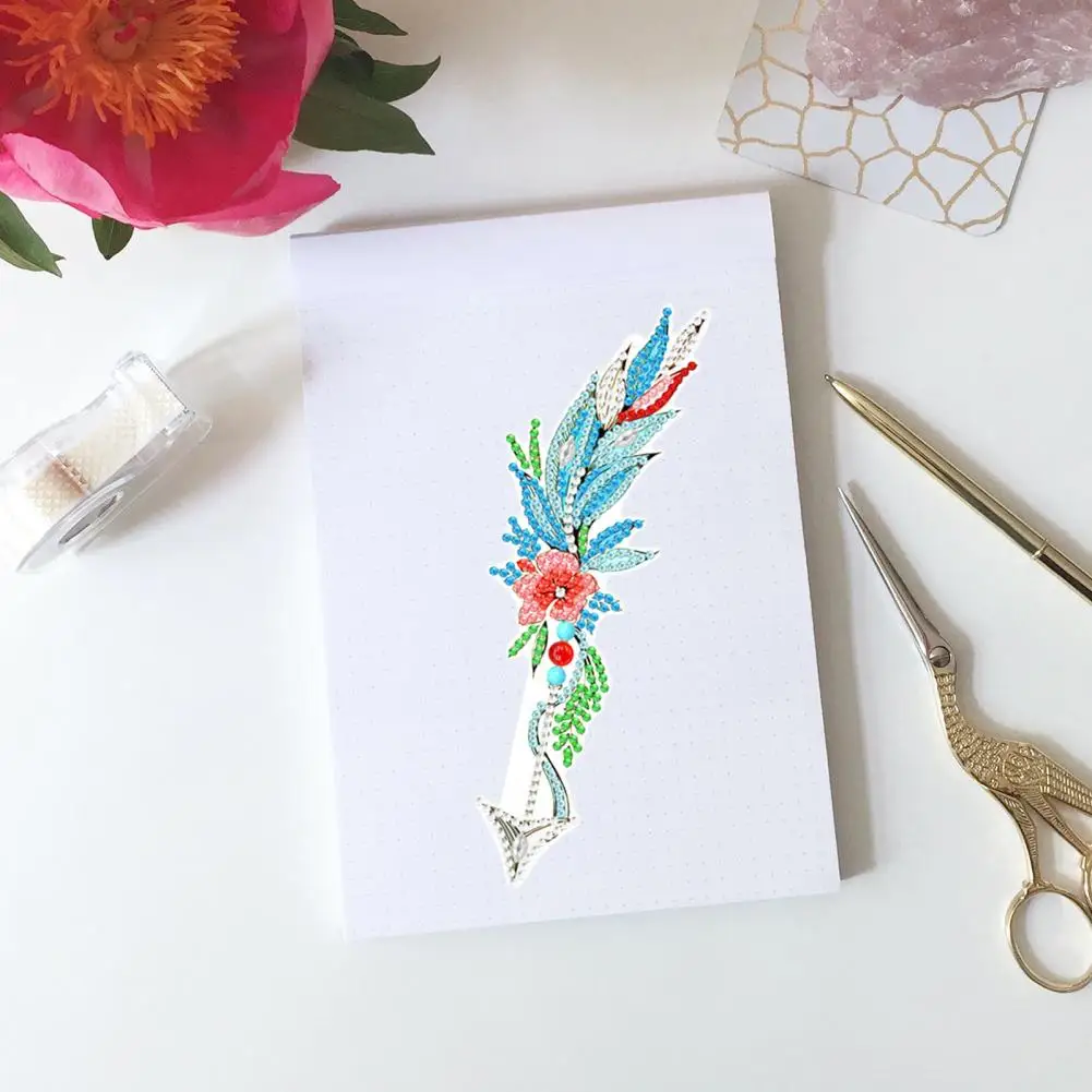 Flower Pattern Bookmark com penas e diamante pintura, Bookmark