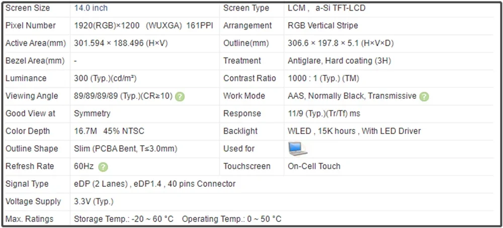 N140JCN-EEL 14 inch LCD Touch Screen Laptop Panel FHD 1920x1080 EDP 40pins IPS 60Hz On-Cell Touch 300 (Typ.)(cd/m²)