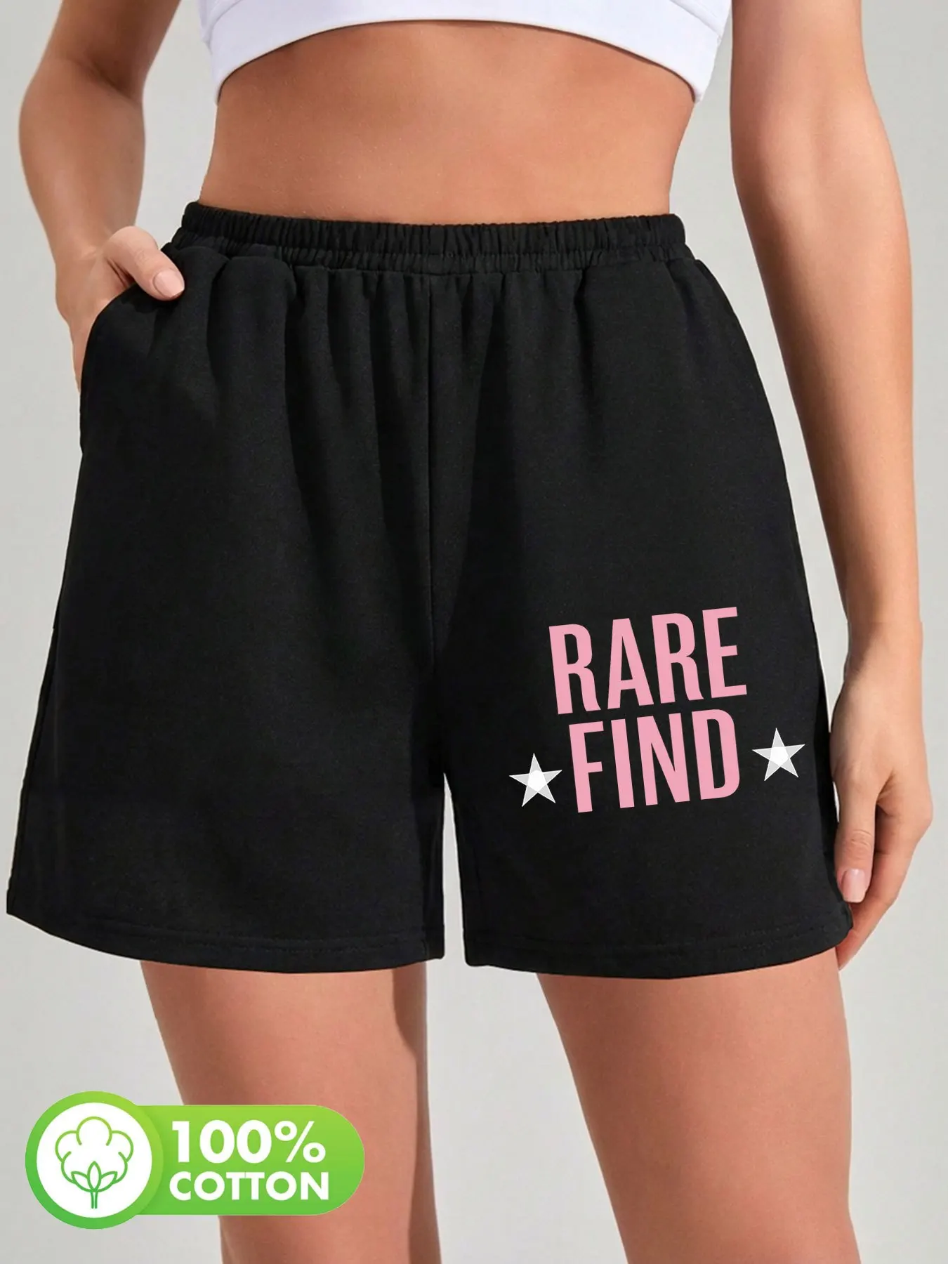 

Женские повседневные шорты в минималистичном стиле RARE FIND с розовым буквенным принтом, универсальные свободные шорты из чистого хлопка с высокой талией для ежедневной носки