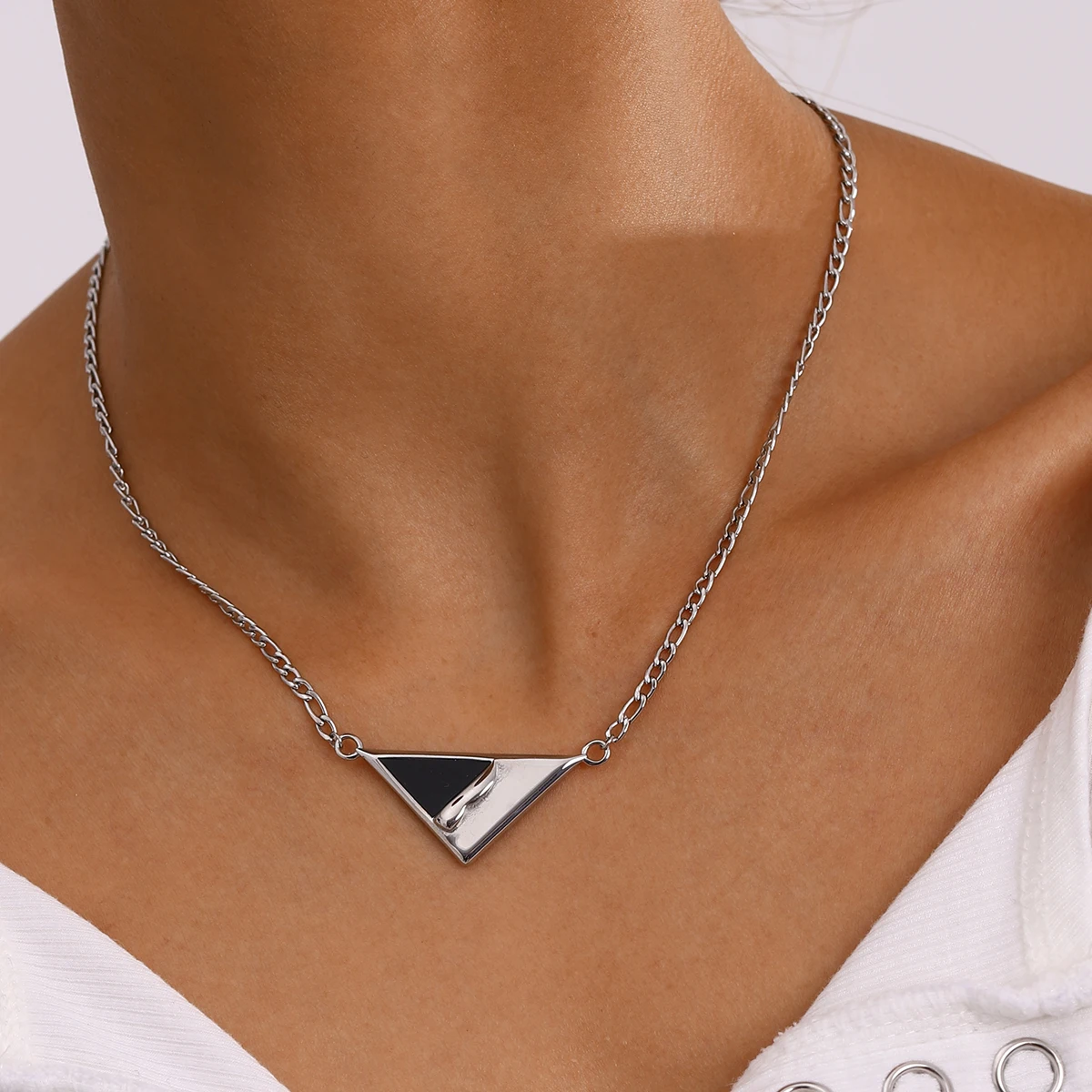 Exquisite Steel Color Resin Board Notched Triangular Necklace Stainless Steel Women Statement Stylish Unique Collar Gift