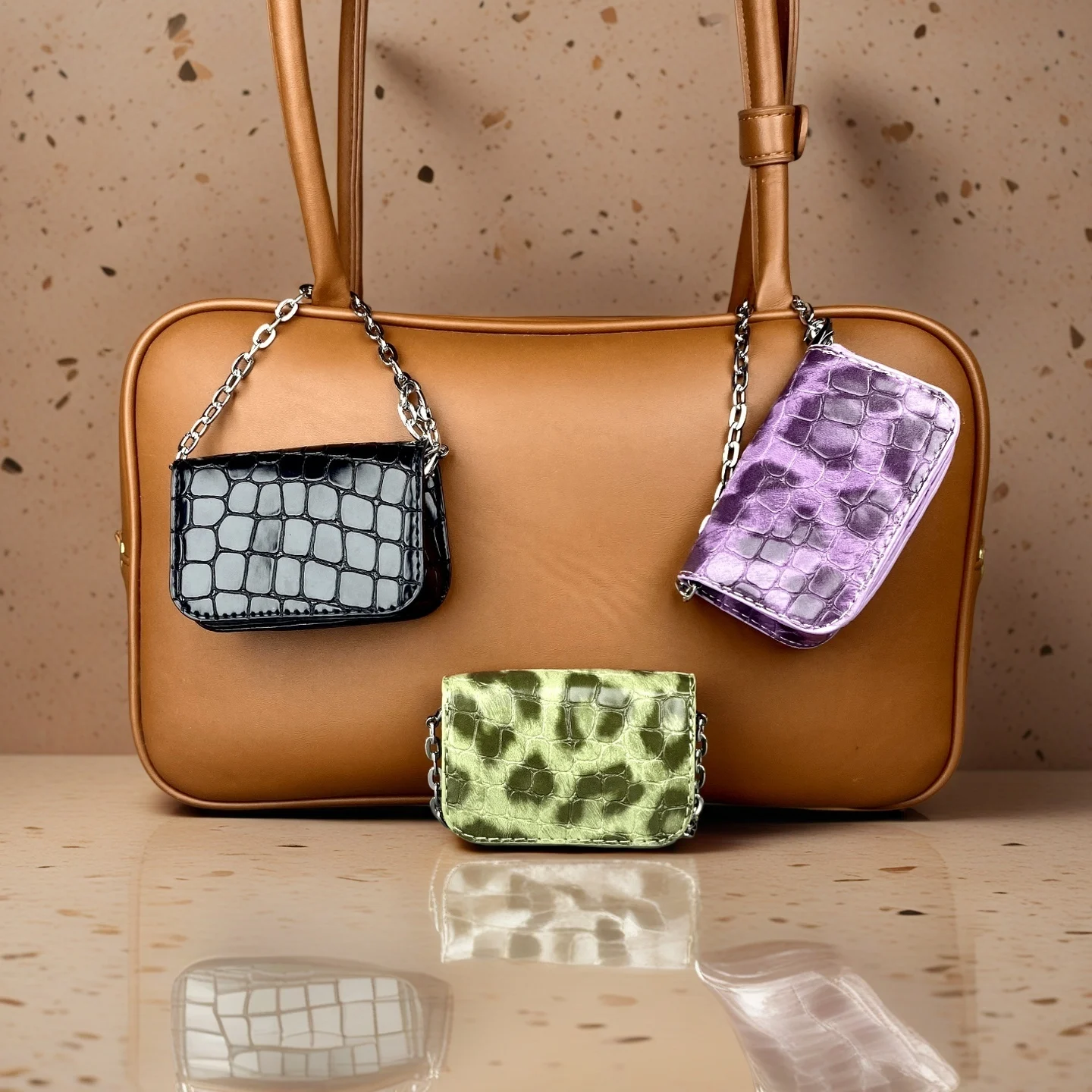 Mini PU Leather Messenger Bag Charm – Trendy Croc Embossed PU Coin Purse/Earbuds Case, Adjustable Metal Chain for Handbag Decor
