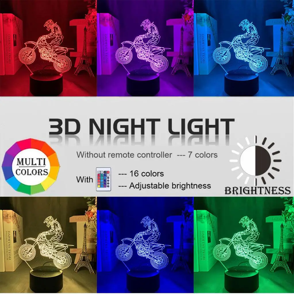 1pc Motorcycle 3D Night Light, 3D Optical Illusion Lamp With Touch, 7-Color Changing Ambient Light For Bedroom