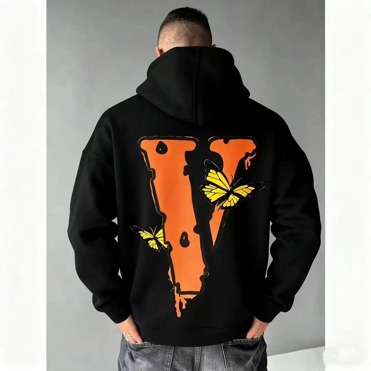 سترة بغطاء للرأس فضفاضة كبيرة مطبوعة على شكل حرف V للرجال لربيع وخريف 2025 ، سترة شتوية غير رسمية بقلنسوة مبطنة دافئة هدايا شتوية دافئة B #1