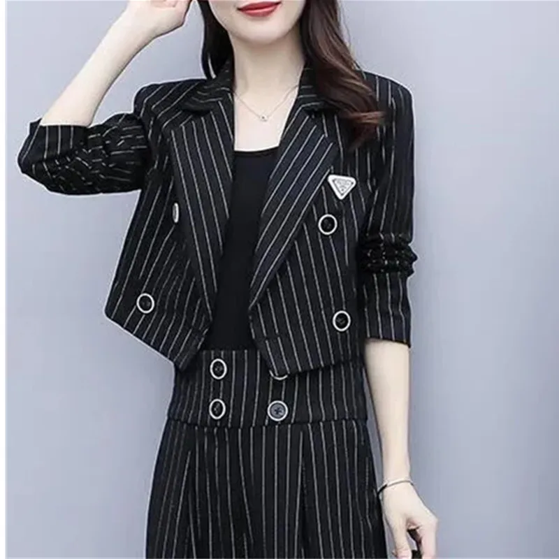 Spring Autumn Two piece set Women\'s New Slim Temperament Korean version Fashion Suit Striped Short Jacket Wide leg pants Female