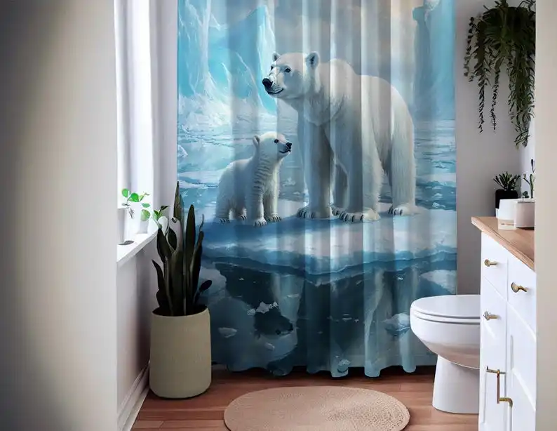 Polar Bear Shower Curtain Arctic Bath Curtain Waterproof Fabric Bathroom Decor with Ice Glacier Blue White Nature Design