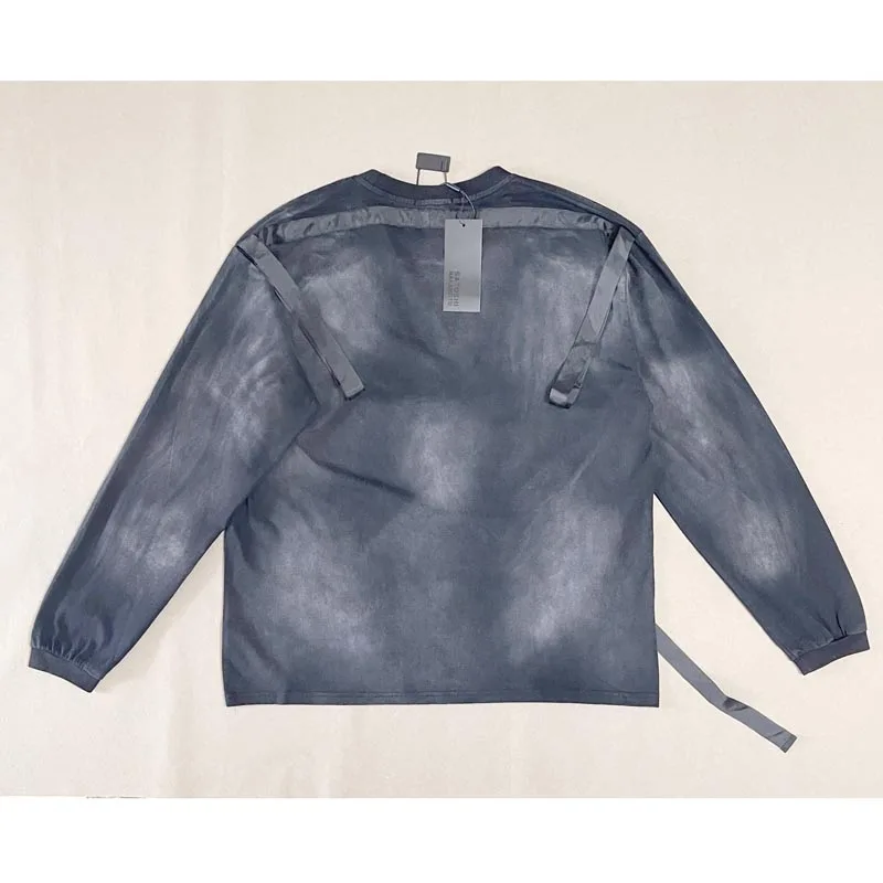 Men Loose Casual Washed Black Satoshi Nakamoto Long Sleeve Shirt Deconstructed Ribbon Harness Street Pullover