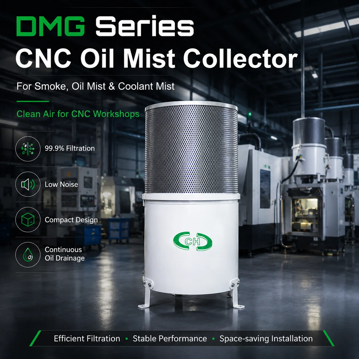 New Multi-Stage Oil Mist Filtration Unit With 99.5% Centrifugal Filter Efficiency For Heavy-Duty High-Speed Cutting Workstations