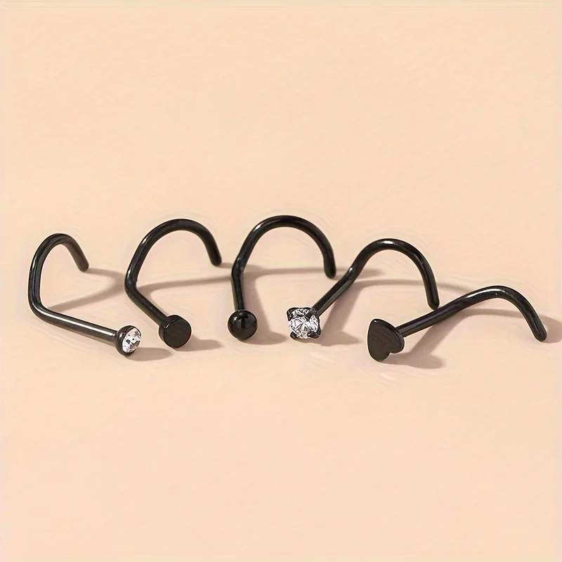 1pcs Stainless Steel Nose Nails Round Cubic Zirconia Nose Studs Piercing Jewelry Bend Rod Earrings Heart-Shaped