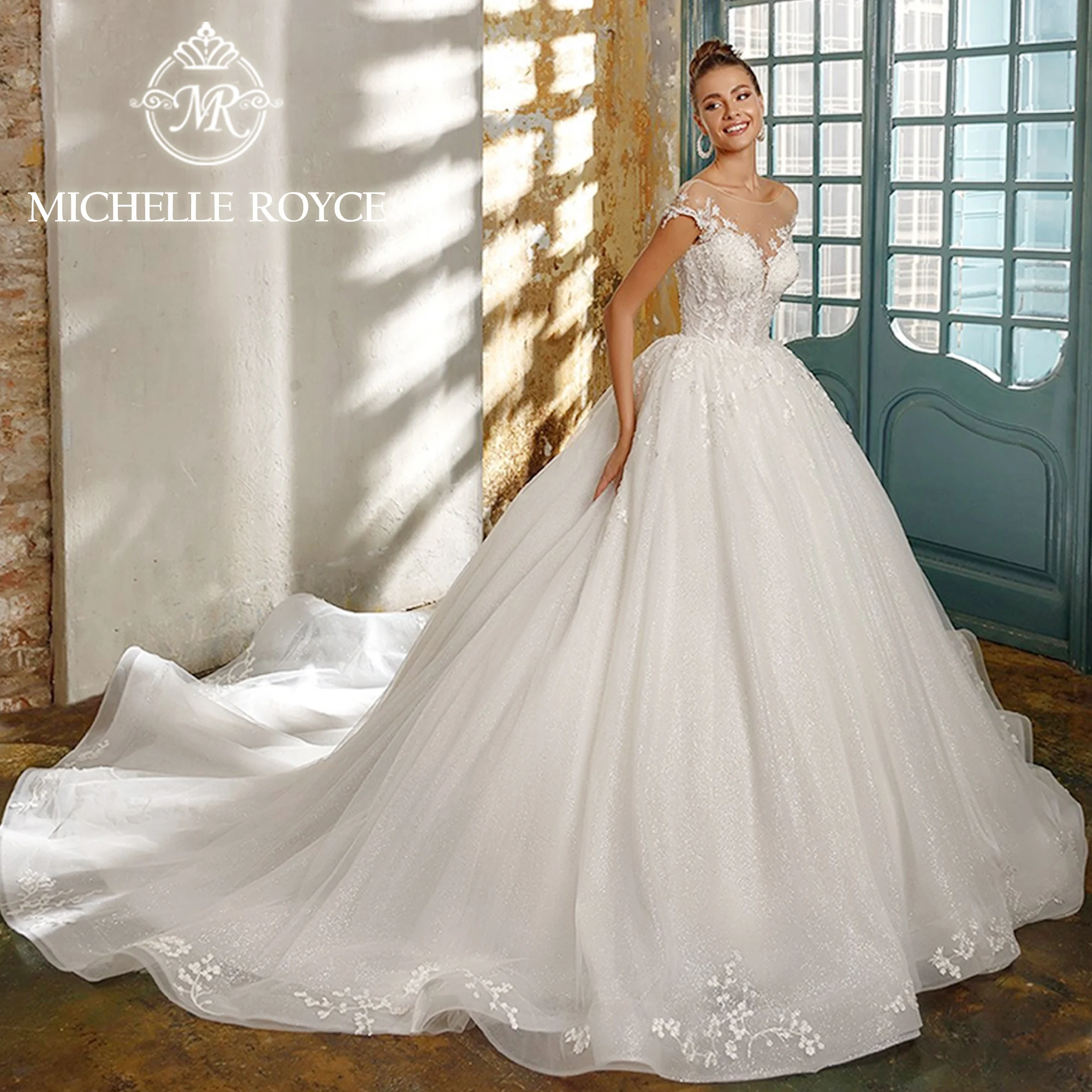 

Michelle Royce Luxury Ball Gown Wedding Dress 2024 Invisible Neckline Appliques Beading Sparkling Wedding Gown Vestidos De Novia