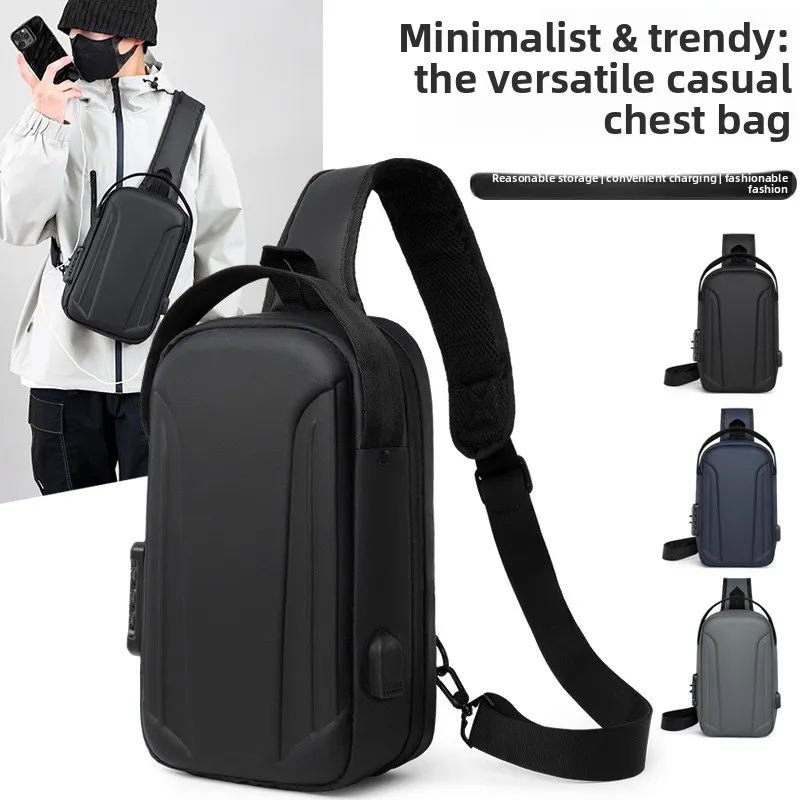 Motorcycle Wind Outdoor Men's Chest Bag Hard Shell Trend Simple Messenger Bag Multifunctional Casual Lightweight Shoulder Bag.