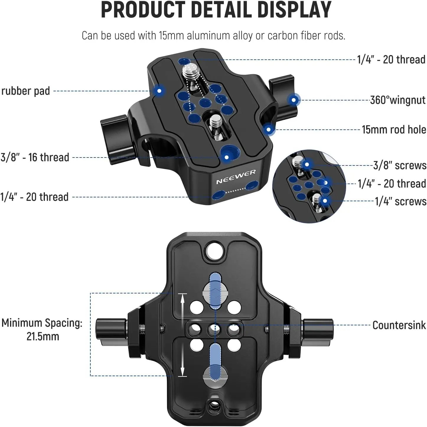 NEEWER Camera Base Plate with Dual Rod Rail Clamp 15mm LWS Baseplate for Camera Cage Tripod Shoulder Rig with 1/4\