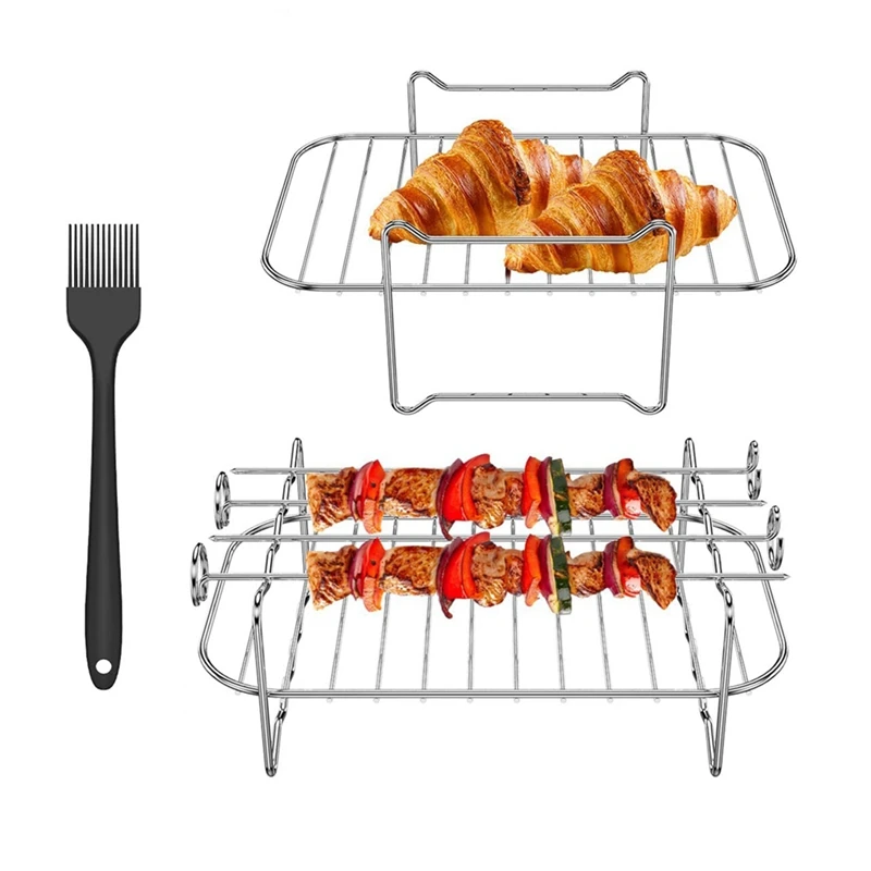 

1 Set Air Fryer Rack, Multi-Purpose Air Fryer Accessories With 4 Barbecue Sticks, Oil Brush