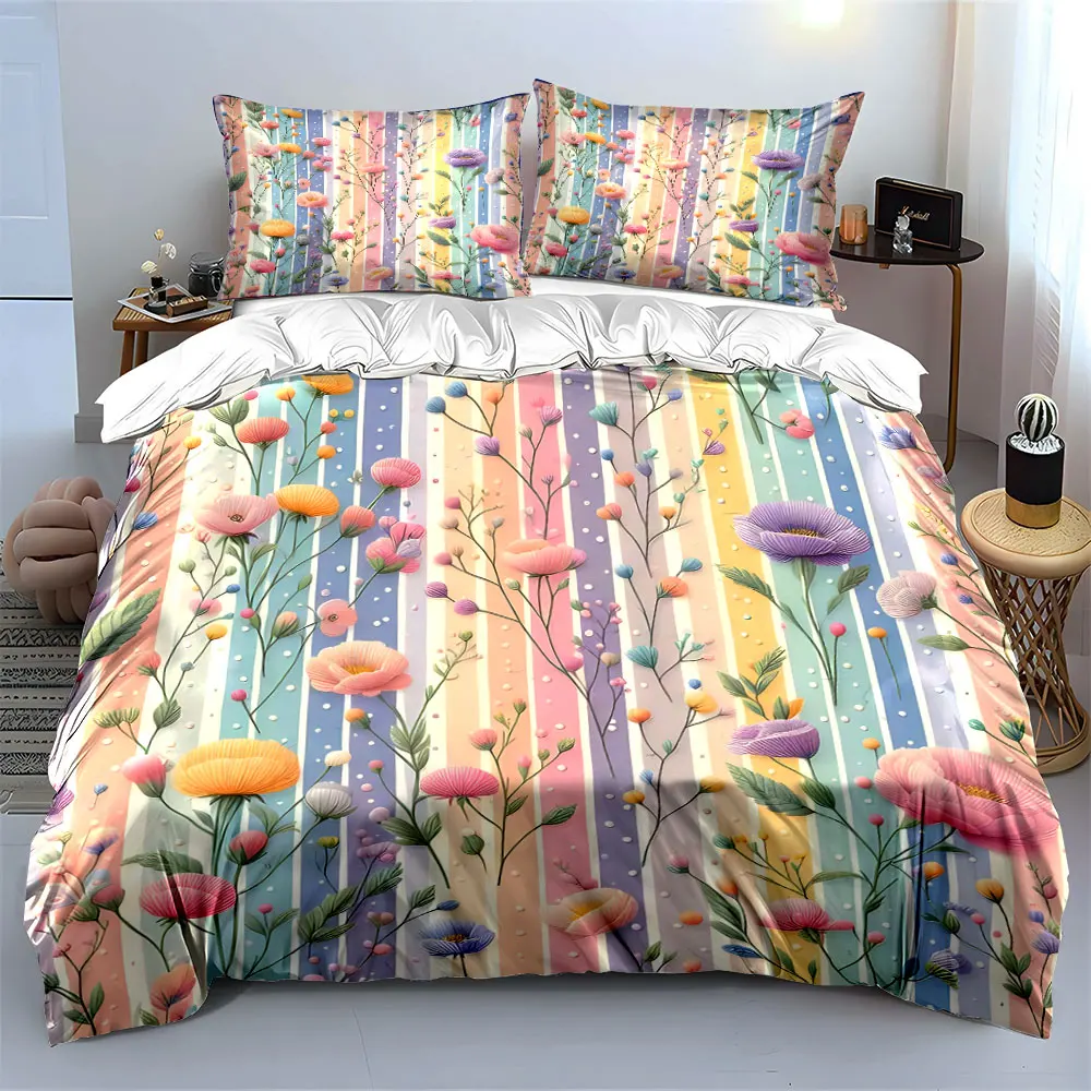Colorful stripe and floral background Bedding Set for Kids Luxury Gift 3pcs Digital Print Comforter Set Soft Comfortable