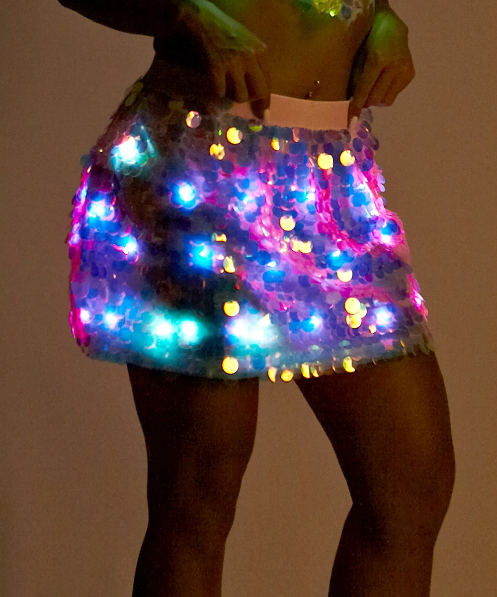 OHLEES Womens Girls 15 Color LED Sequins Super Flash Skirt Light UP Rave Creative  Stage Costume Party Festival Fancy Dress