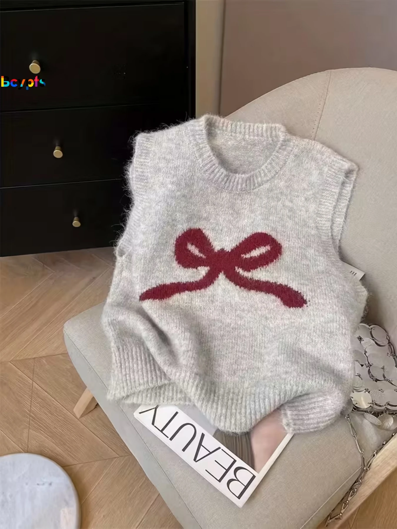 Ärmellose Strickpullover-Weste für Damen, hellgrau, Schleifenmuster, Rundhalsausschnitt, weich, lässig, täglich, Frühling, Sommer, modisch, Top2026Neue Ankunft
