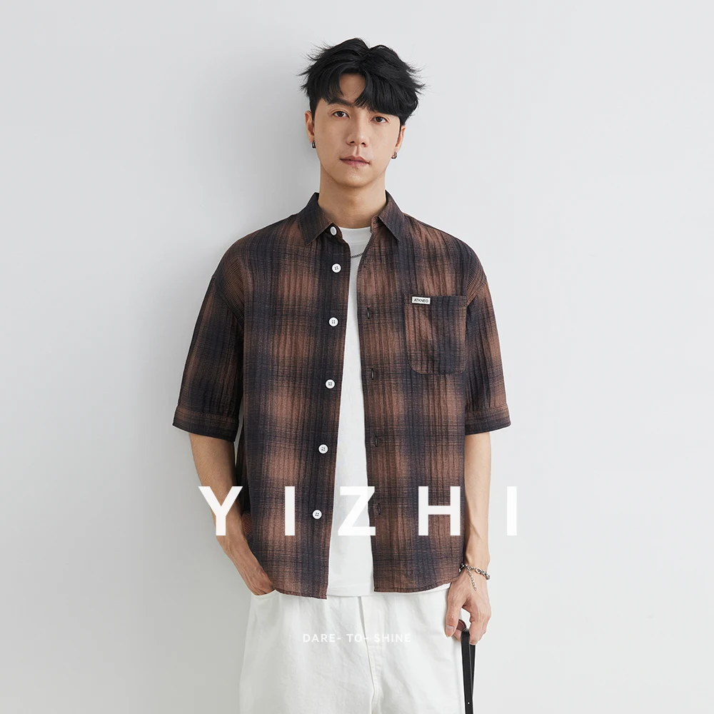 Summer Men's Letter Embroidery Plaid Short Sleeve T-shirt Pocket Chicano Street Trend Single Breasted Lapel Half Sleeve Shirt