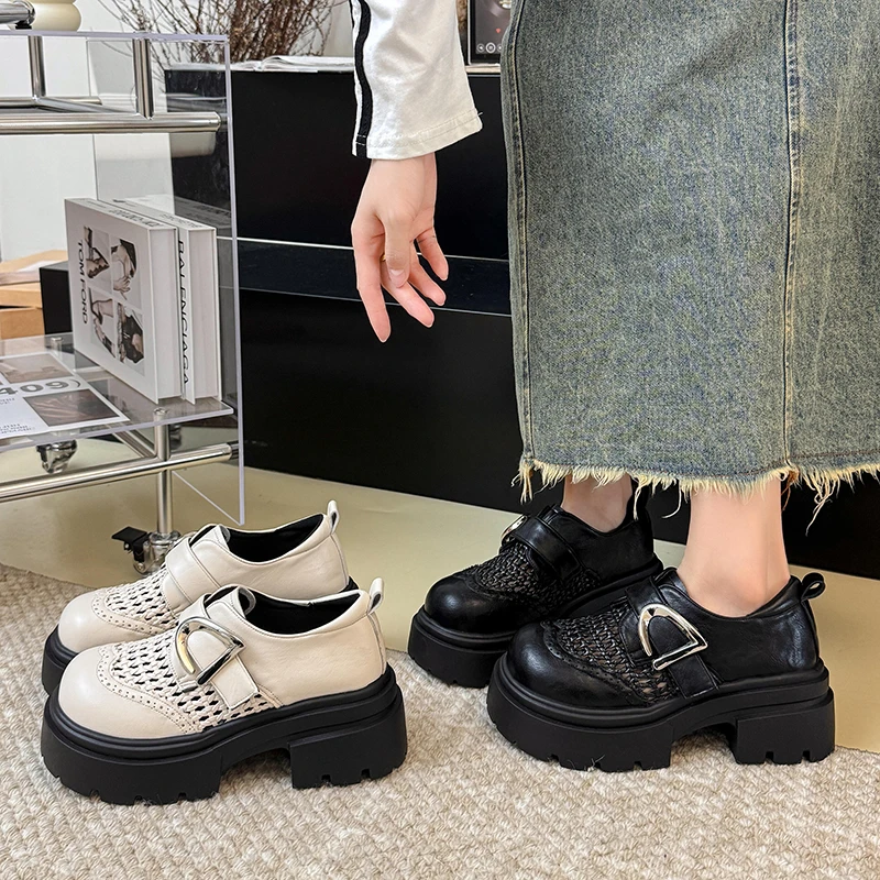 

Women Hollow Out Platform Mary Janes Summer Breathable Buckle Strap Chunky Heel Casual Shoes for Daily Wear and Casual Vacation